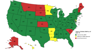 Map of the United States color coded by status of online SNAP. Green and allowed: AL, AZ, CA, CO, CT, DC, DE, FL, GA, IA, ID, IL, IN, KY, MA, MD, MI, MO, MS, NC, NE, NJ, NM, NV, NY, OH, OK, OR, PA, RI, TX, TN, UT, VA, VT, WA, WI, WV, WY. Yellow and waiting on approval: AR, HI, LA, MN. Red and no announcements: AK, KS, ME, MT, NH, ND, SC, SD.