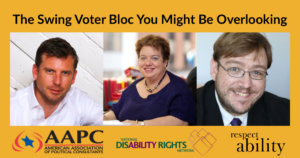 Headshots of Bo Harmon, Celinda Lake, and Philip Kahn-Pauli. Logos for AAPC, NDRN, and RespectAbility. Text: The Swing Voter Bloc You Might Be Overlooking