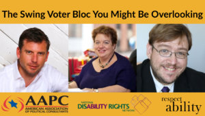 Headshots of Bo Harmon, Celinda Lake, and Philip Kahn-Pauli. Logos for AAPC, NDRN, and RespectAbility. Text: The Swing Voter Bloc You Might Be Overlooking