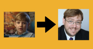 Images of Philip Pauli as a child on an episode of Unsolved Mysteries and Philip Pauli now wearing a suit and tie. Arrow between the two pictures.