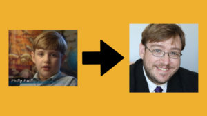 Images of Philip Pauli as a child on an episode of Unsolved Mysteries and Philip Pauli now wearing a suit and tie. Arrow between the two pictures.