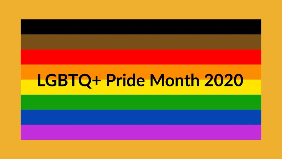 Rainbow Pride flag including black, brown, red, orange, yellow, green, blue and purple stripes. Text: LGBTQ+ Pride Month 2020