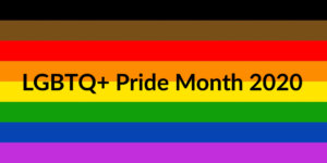 Rainbow Pride flag including black, brown, red, orange, yellow, green, blue and purple stripes. Text: LGBTQ+ Pride Month 2020