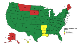 Map of the United States color coded by status of online SNAP. Green and allowed: AL, AZ, CA, CO, CT, DC, DE, FL, GA, IA, ID, IL, IN, KS, KY, MA, MD, MI, MN, MO, MS, NC, ND, NE, NH, NJ, NM, NV, NY, OH, OK, OR, PA, RI, SC, TX, TN, UT, VA, VT, WA, WI, WV, WY. Yellow and waiting on approval: AR, HI, LA. Red and no announcements: AK, ME, MT, SD.