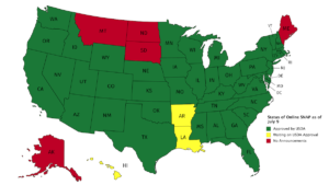 Map of the United States color coded by status of online SNAP. Green and allowed: AL, AZ, CA, CO, CT, DC, DE, FL, GA, IA, ID, IL, IN, KS, KY, MA, MD, MI, MN, MO, MS, NC, NE, NH, NJ, NM, NV, NY, OH, OK, OR, PA, RI, SC, TX, TN, UT, VA, VT, WA, WI, WV, WY. Yellow and waiting on approval: AR, HI, LA. Red and no announcements: AK, ME, MT, ND, SD.