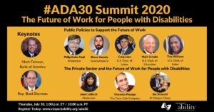 #ADA30 Summit 2020 The Future of Work for People with Disabilities. Individual Headshots of Mark Feinour, Brad Sherman, Philip Kahn-Pauli, Shane Kanady, Craig Leen, Mark Schultz, Tina Williams, Janet LaBreck, Vincenzo Piscopo and Jim Sinocchi, with their names and job titles next to each headshot, grouped by panel. Thursday, July 30, 2:00 p.m. ET / 11:00 a.m. PT Register Today: www.respectability.org/ada30 ASL interpretation symbol. RespectAbility logo