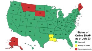 Map of the United States color coded by status of online SNAP. Green and allowed: AL, AR, AZ, CA, CO, CT, DC, DE, FL, GA, HI, IA, ID, IL, IN, KS, KY, MA, MD, MI, MN, MO, MS, NC, ND, NE, NH, NJ, NM, NV, NY, OH, OK, OR, PA, RI, SC, TX, TN, UT, VA, VT, WA, WI, WV, WY. Yellow and waiting on approval: LA. Red and no announcements: AK, ME, MT, SD.