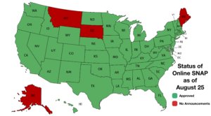 Map of the United States color coded by status of online SNAP. Green and allowed: AL, AR, AZ, CA, CO, CT, DC, DE, FL, GA, HI, IA, ID, IL, IN, KS, KY, LA, MA, MD, MI, MN, MO, MS, NC, ND, NE, NH, NJ, NM, NV, NY, OH, OK, OR, PA, RI, SC, TX, TN, UT, VA, VT, WA, WI, WV, WY. Red and no announcements: AK, ME, MT, SD.