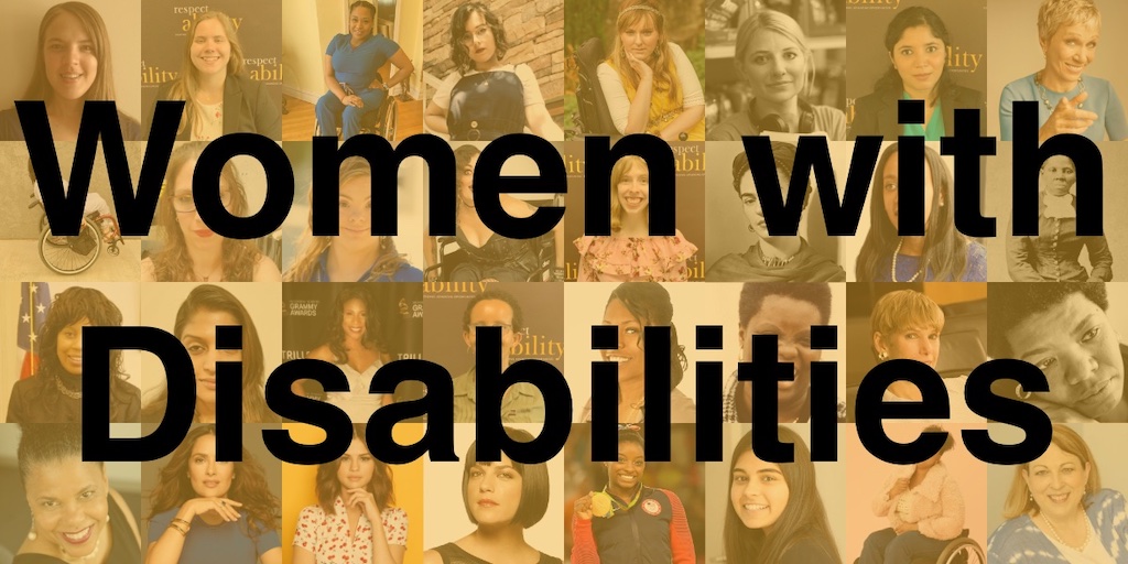 Headshots of 32 women with disabilities faded into a yellow background. Text: Women with Disabilities