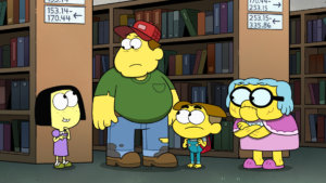 Tilly, Bill, Cricket and Gramma in a library setting in a scene from Big City Greens