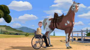 animated female character seated in a wheelchair next to a horse