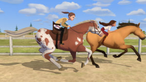 animated female characters racing on their horses - including one who has a strap keeping her in