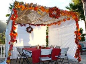 A sukkah with a table and chairs inside