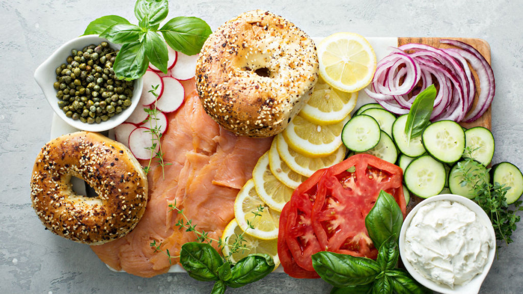 Bagels, lox, and other food eaten during a typical Break Fast for Yom Kippur