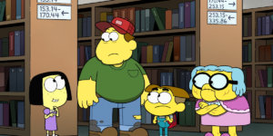Tilly, Bill, Cricket and Gramma in a library setting in a scene from Big City Greens
