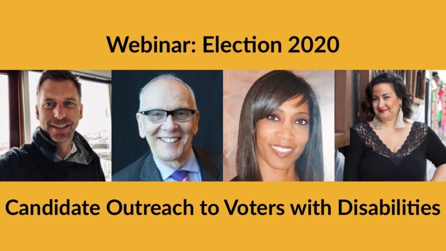 Headshots of Bo Harmon, Curt Decker, Andrea Jennings and Melissa Yingst. Text: Election 2020 Candidate Outreach to Voters with Disabilities