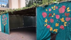 A sukkah with blue curtains and flowers
