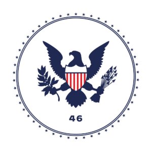 Biden transition logo with a bald eagle and the number 46.