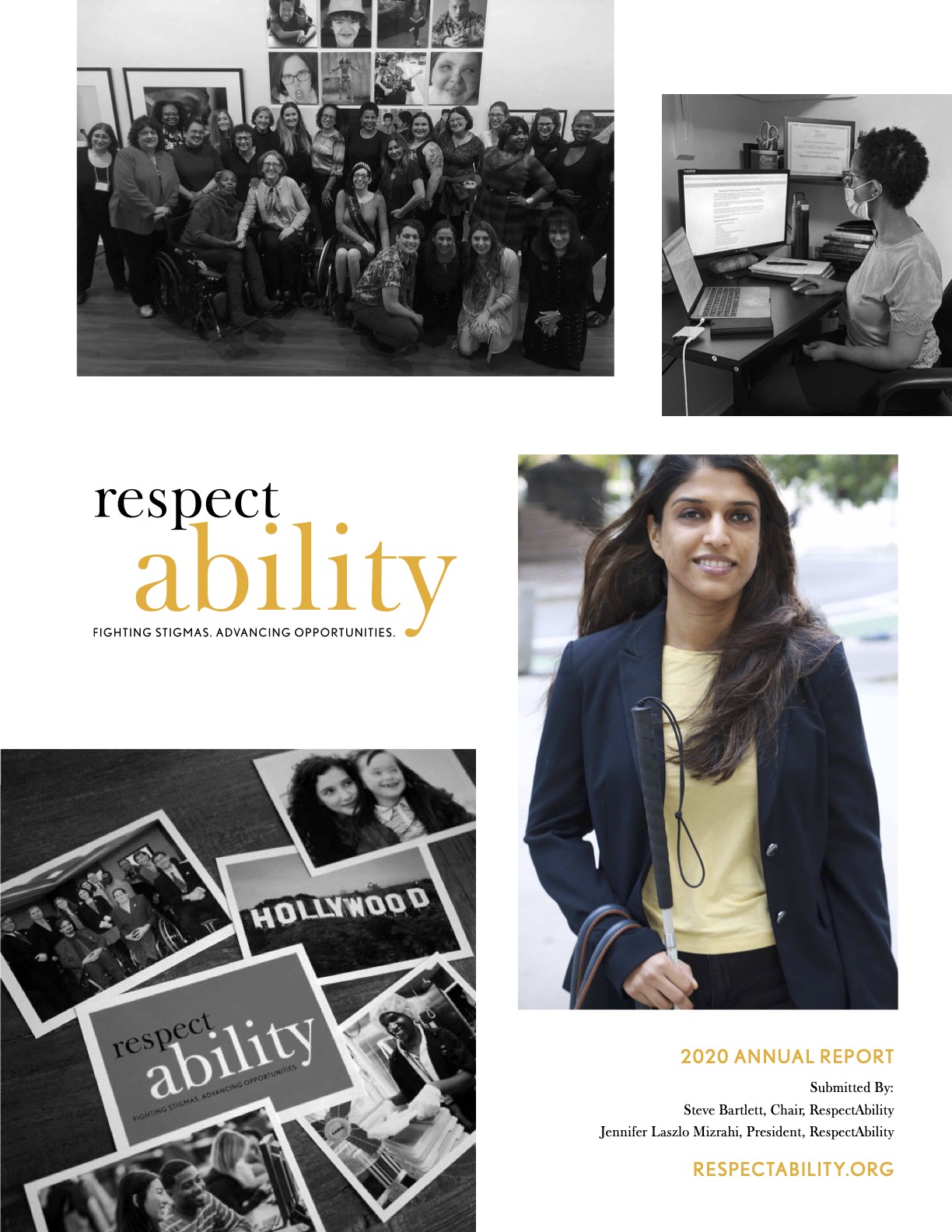 Cover page of RespectAbility 2020 annual report featuring photos of diverse people with disabilities