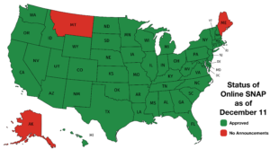 Map of the United States showing all but three states - Alaska Maine and Montana - in green designating allowing online SNAP