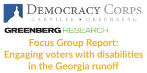 Logos for Democracy Corps and Greenberg Research. Text: Focus Group Report: Engaging voters with disabilities in the Georgia runoff