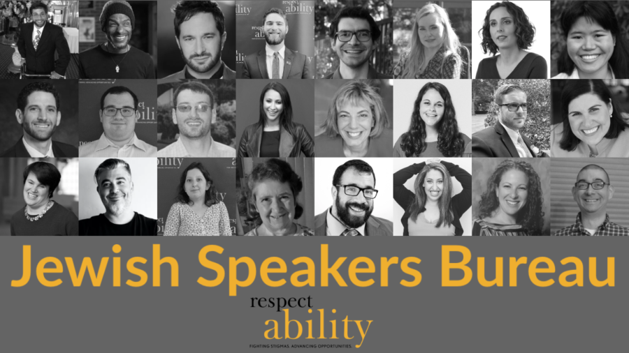 Black and white Headshots of 24 speakers in RespectAbility's Jewish Speakers Bureau. Text: Jewish Speakers Bureau. RespectAbility logo