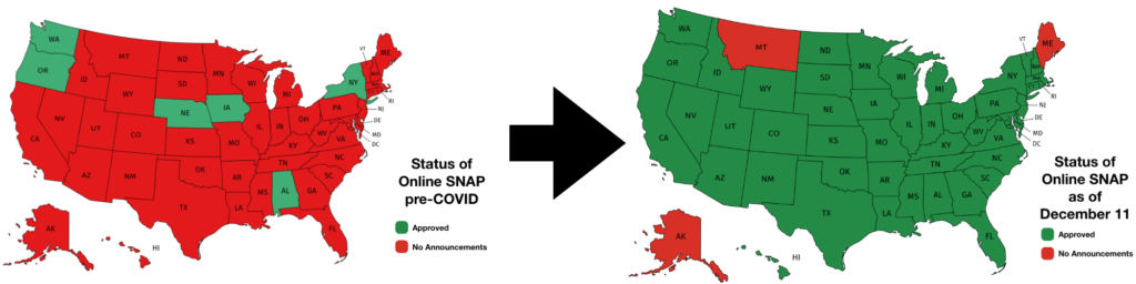 Two maps of the United States showing status of online SNAP before the COVID pandemic and now