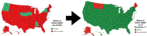 Two maps of the United States showing status of online SNAP before the COVID pandemic and now