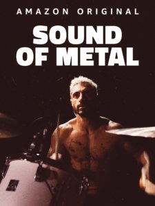 Riz Ahmed shirtless at a drum set in the poster for Amazon Original Sound of Metal