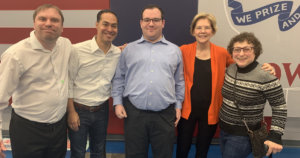 Ila Eckhoff, RespectAbility Board Nominating Committee Co-Chair, in Iowa with RespectAbility Former Fellow James Trout and Communications Associate Eric Ascher with 2020 presidential candidates Julian Castro and Elizabeth Warren