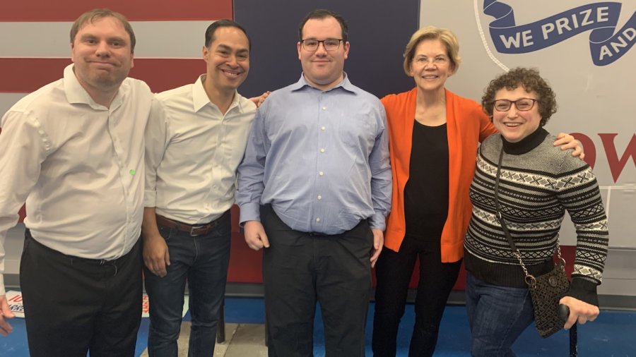 Ila Eckhoff, RespectAbility Board Nominating Committee Co-Chair, in Iowa with RespectAbility Former Fellow James Trout and Communications Associate Eric Ascher with 2020 presidential candidates Julian Castro and Elizabeth Warren