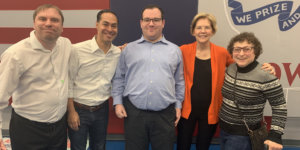 Ila Eckhoff, RespectAbility Board Nominating Committee Co-Chair, in Iowa with RespectAbility Former Fellow James Trout and Communications Associate Eric Ascher with 2020 presidential candidates Julian Castro and Elizabeth Warren