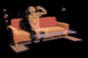 Still from film Forever showing a person drinking while seated on a couch using an experimental form of animation