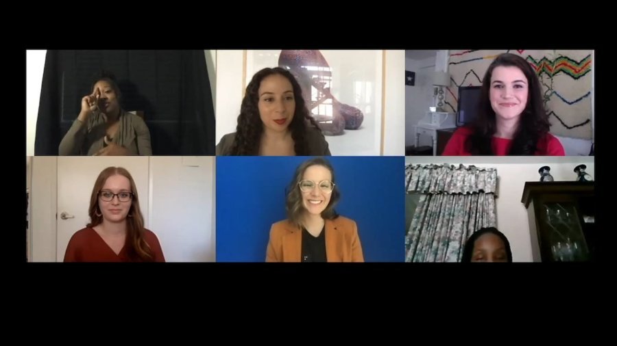 Five panelists and ASL interpreter on a zoom webinar