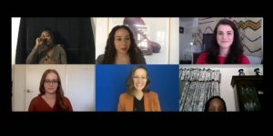 Five panelists and ASL interpreter on a zoom webinar