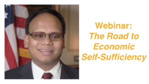 Headshot of Ollie Cantos in front of an American flag. Text: Webinar: The Road to Economic Self-Sufficiency