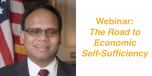 Headshot of Ollie Cantos in front of an American flag. Text: Webinar: The Road to Economic Self-Sufficiency