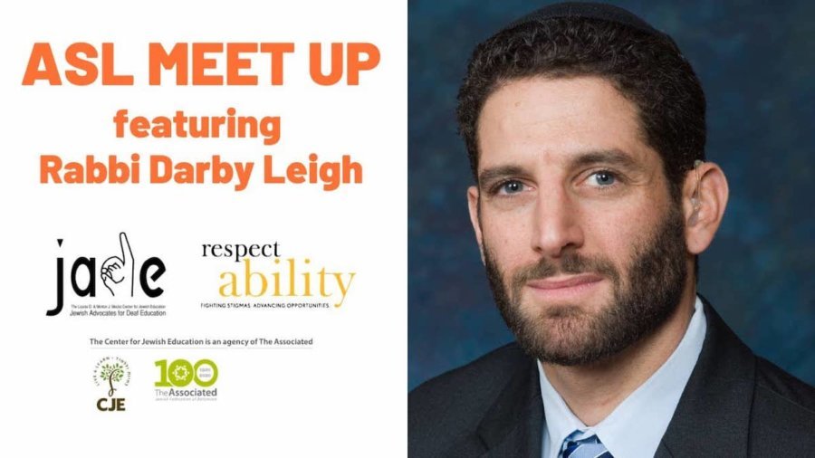 ASL Meet up Featuring Rabbi Darby Leigh. Logos for JADE and RespectAbility. Rabbi Darby Leigh smiling headshot