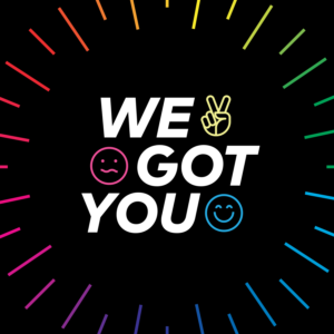 Logo for "We Got You" podcast with rainbow lines, a peace sign, a smiling face and a confused face