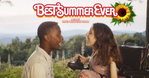Rickey Alexander Wilson and Shannon DeVido singing in a scene from Best Summer Ever. Logo for the film.