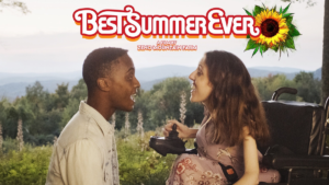 Rickey Alexander Wilson and Shannon DeVido singing in a scene from Best Summer Ever. Logo for the film.