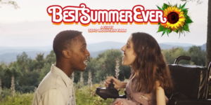 Rickey Alexander Wilson and Shannon DeVido singing in a scene from Best Summer Ever. Logo for the film.