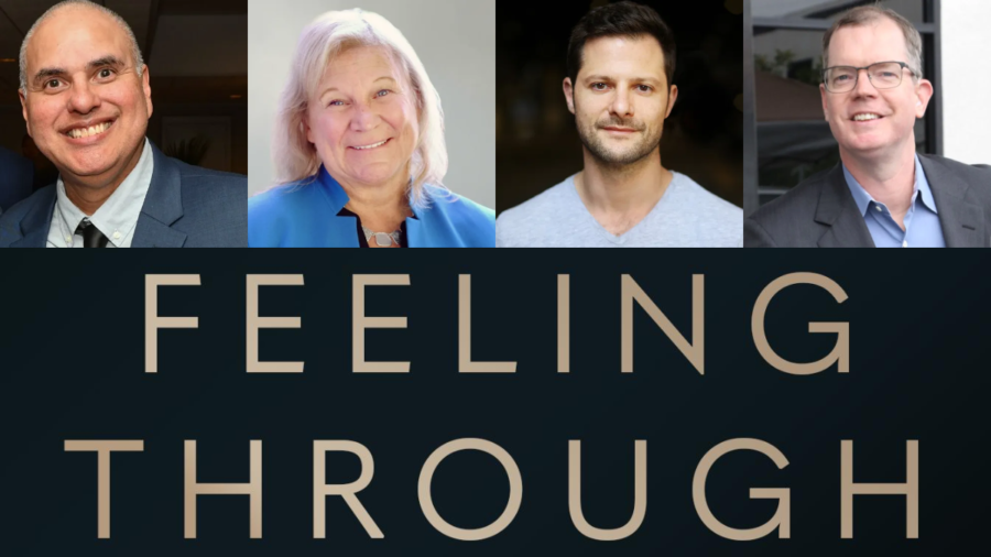 Headshots of four speakers smiling. Logo for Feeling Through