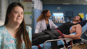 Images of Caley Versfelt on The Good Doctor wearing hospital clothes and Kurt Yaeger lying in a hospital bed in a different scene from The Good Doctor