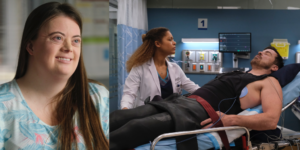 Images of Caley Versfelt on The Good Doctor wearing hospital clothes and Kurt Yaeger lying in a hospital bed in a different scene from The Good Doctor