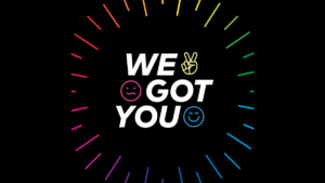 Logo for "We Got You" podcast with rainbow lines, a peace sign, a smiling face and a confused face