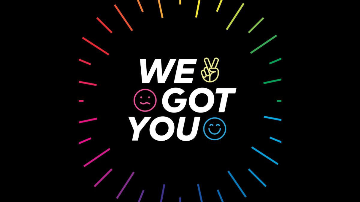 Logo for "We Got You" podcast with rainbow lines, a peace sign, a smiling face and a confused face