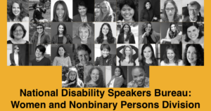 Headshots of 31 speakers in RespectAbility's Women and Nonbinary Persons Division Speakers Bureau. Text: National Disability Speakers Bureau: Women and Nonbinary Persons Division