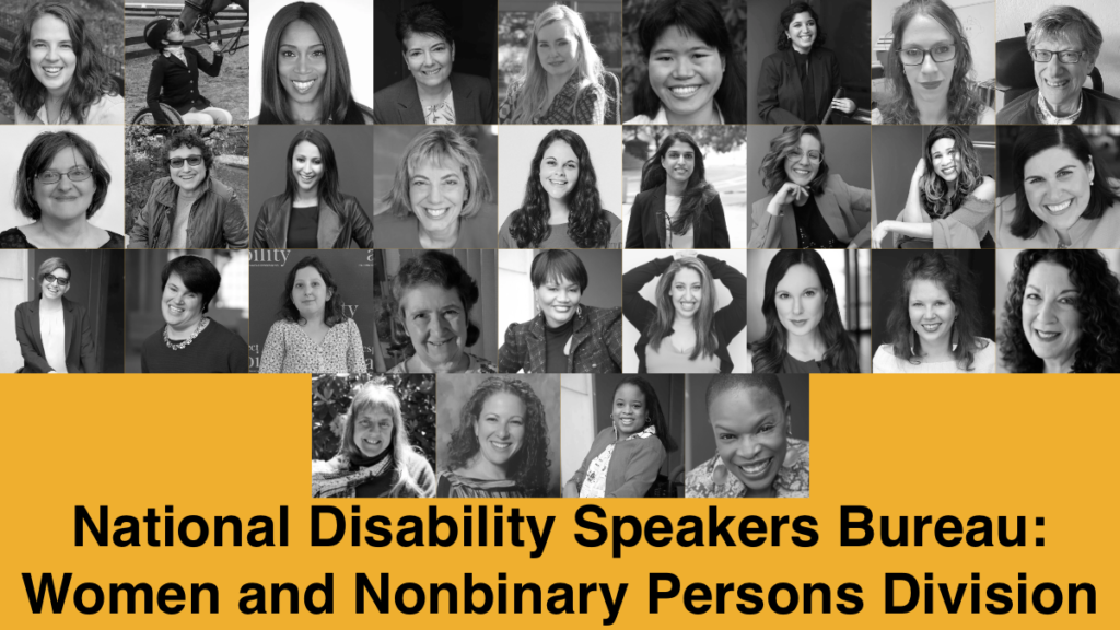 Headshots of 31 speakers in RespectAbility's Women and Nonbinary Persons Division Speakers Bureau. Text: National Disability Speakers Bureau: Women and Nonbinary Persons Division