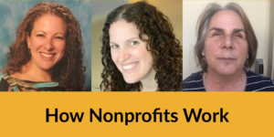 Headshots of Tamar Davis Erica Goldman and Michelle Friedman. Text: How Nonprofits Work